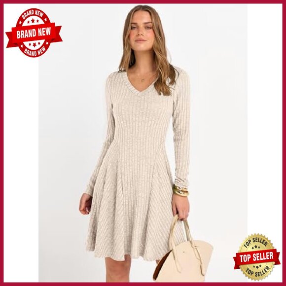 Ribbed Knit Sweater Dress Long Sleeve V-Neck Casual Swing A-Line - Picture 7 of 8